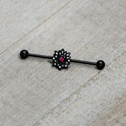 14G Clear Pink Gem Black Midnight Flower Industrial Barbell 38mm