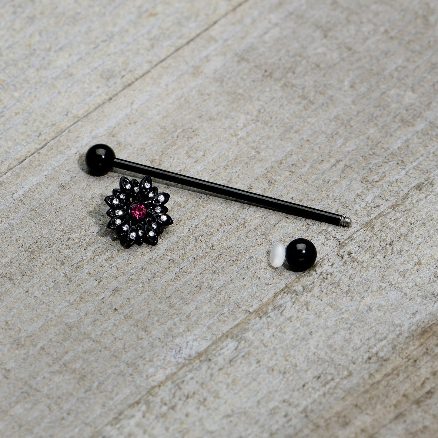 14G Clear Pink Gem Black Midnight Flower Industrial Barbell 38mm