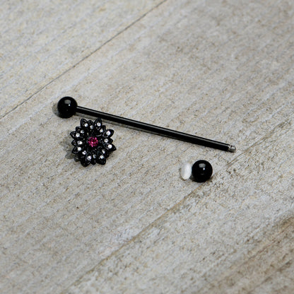 14G Clear Pink Gem Black Midnight Flower Industrial Barbell 38mm