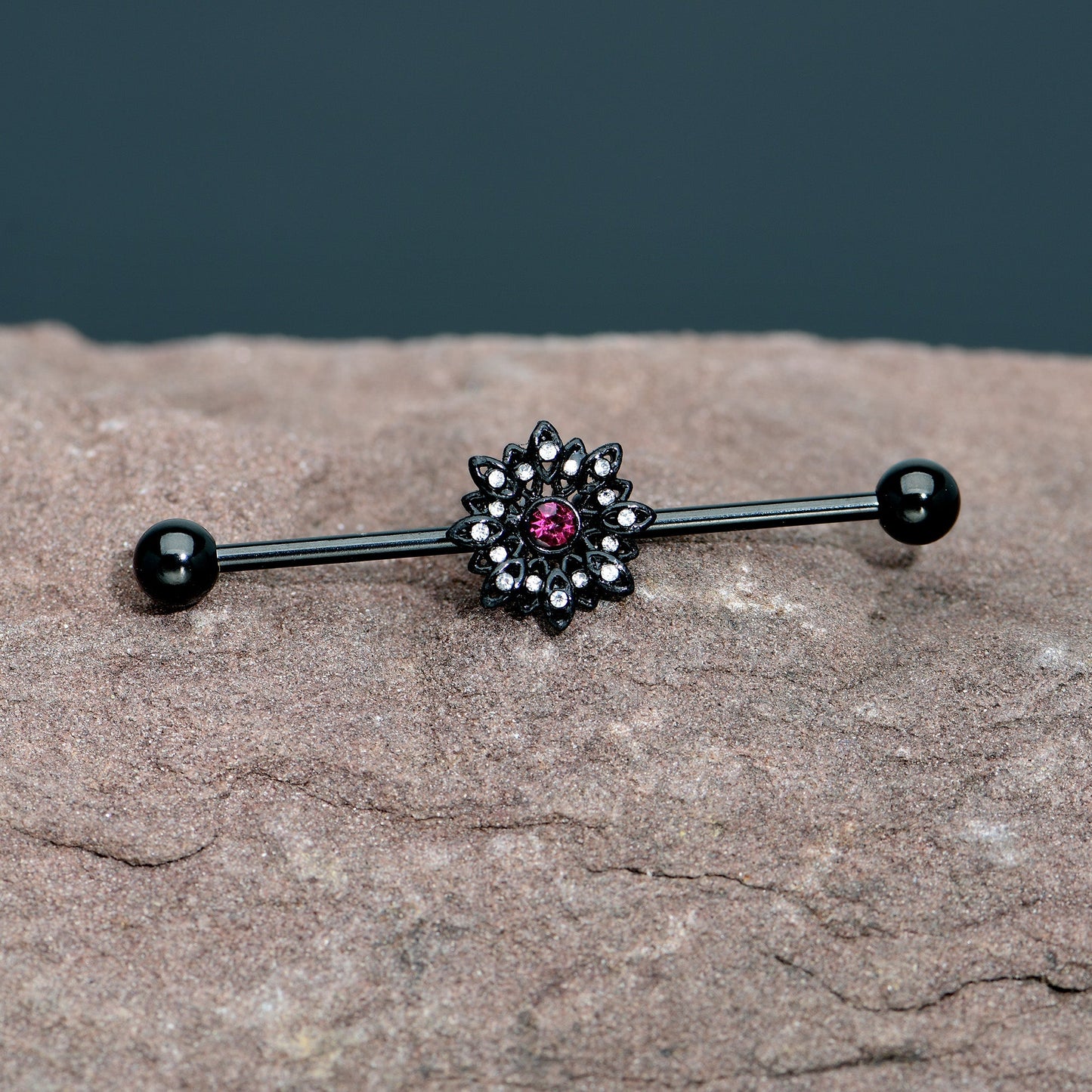 14G Clear Pink Gem Black Midnight Flower Industrial Barbell 38mm