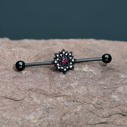 14G Clear Pink Gem Black Midnight Flower Industrial Barbell 38mm