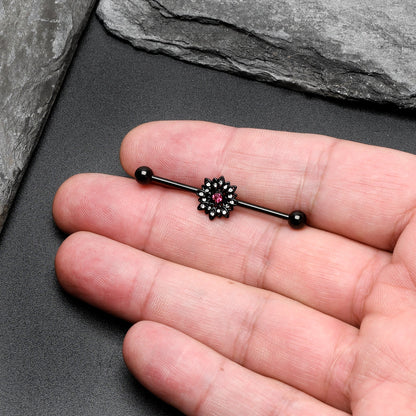 14G Clear Pink Gem Black Midnight Flower Industrial Barbell 38mm