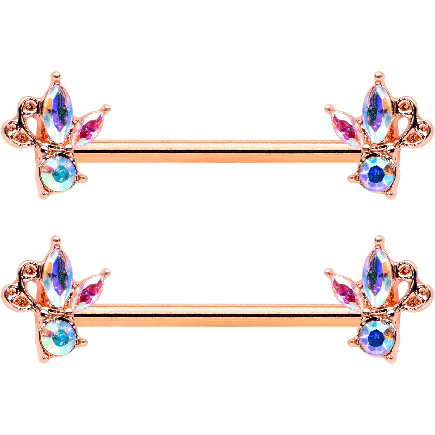 14G 5/8 Aurora CZ Gem Rosy Hue Fleur de Lis Butterfly Barbell Nipple Ring Set