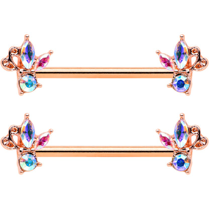 14G 5/8 Aurora CZ Gem Rosy Hue Fleur de Lis Butterfly Barbell Nipple Ring Set