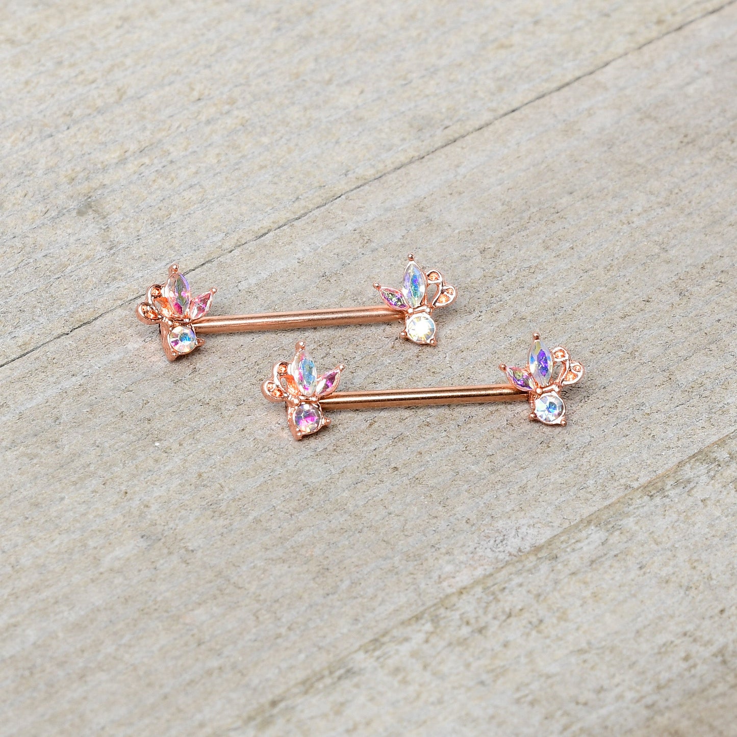 14G 5/8 Aurora CZ Gem Rosy Hue Fleur de Lis Butterfly Barbell Nipple Ring Set