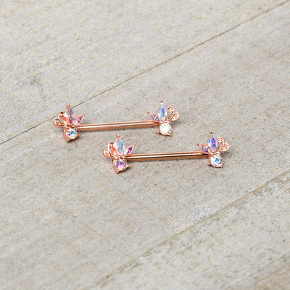 14G 5/8 Aurora CZ Gem Rosy Hue Fleur de Lis Butterfly Barbell Nipple Ring Set