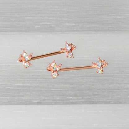 14G 5/8 Aurora CZ Gem Rosy Hue Fleur de Lis Butterfly Barbell Nipple Ring Set