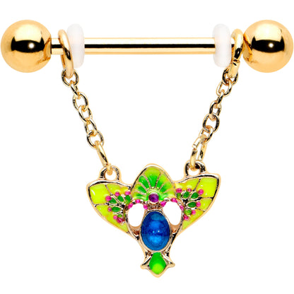 14G 9/16 Blue Gem Gold Hue Tropic Fan Chain Dangle Nipple Ring Set