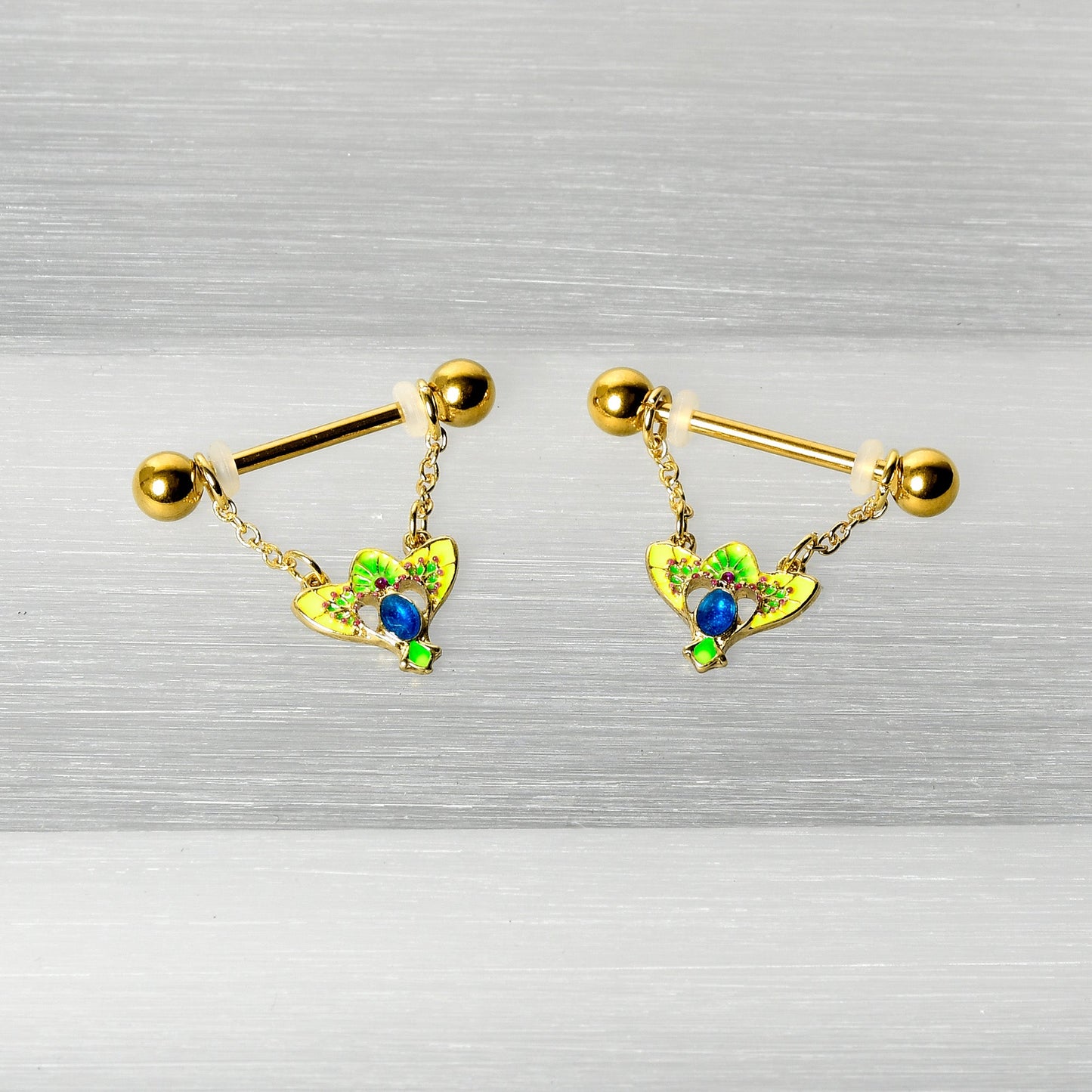 14G 9/16 Blue Gem Gold Hue Tropic Fan Chain Dangle Nipple Ring Set