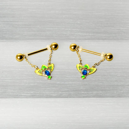 14G 9/16 Blue Gem Gold Hue Tropic Fan Chain Dangle Nipple Ring Set