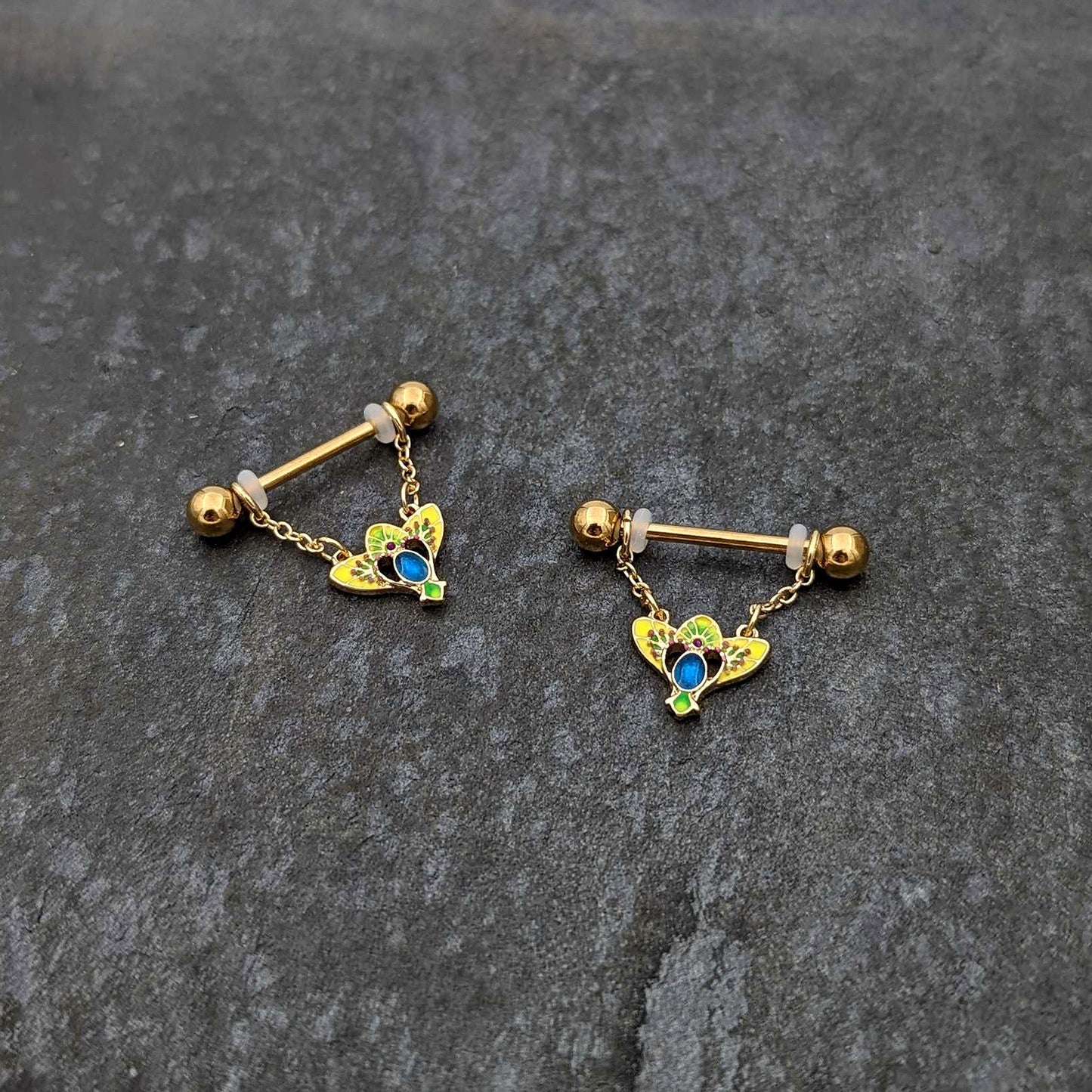 14G 9/16 Blue Gem Gold Hue Tropic Fan Chain Dangle Nipple Ring Set