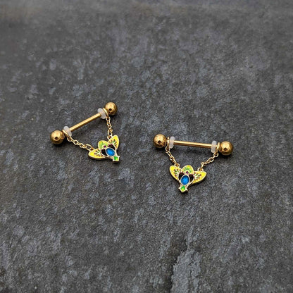 14G 9/16 Blue Gem Gold Hue Tropic Fan Chain Dangle Nipple Ring Set
