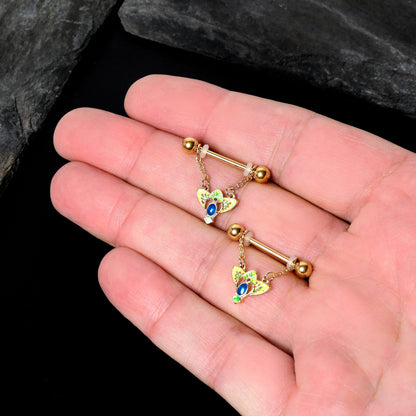 14G 9/16 Blue Gem Gold Hue Tropic Fan Chain Dangle Nipple Ring Set