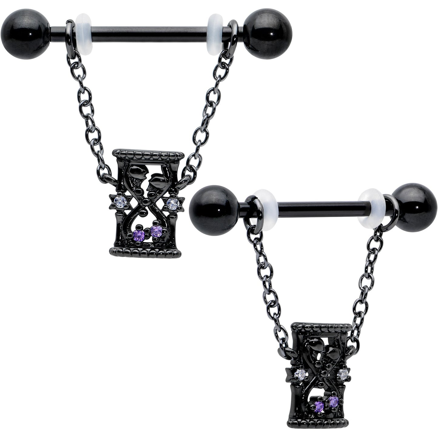 14G 5/8 Purple Gem Black Goth Hourglass Chain Dangle Nipple Ring Set