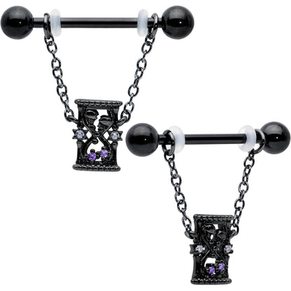 14G 5/8 Purple Gem Black Goth Hourglass Chain Dangle Nipple Ring Set
