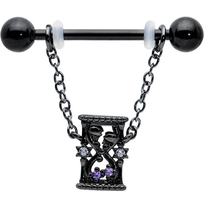 14G 5/8 Purple Gem Black Goth Hourglass Chain Dangle Nipple Ring Set