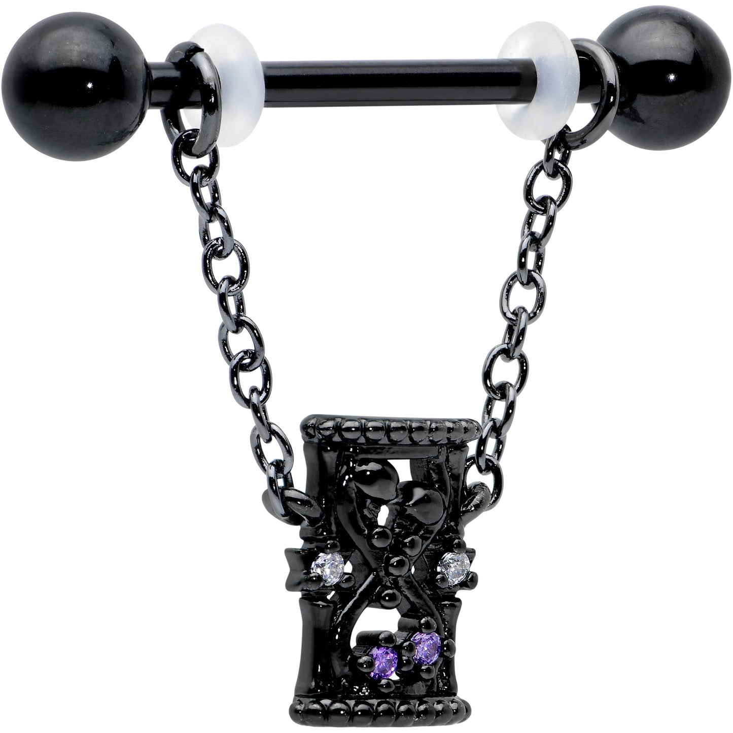 14G 5/8 Purple Gem Black Goth Hourglass Chain Dangle Nipple Ring Set