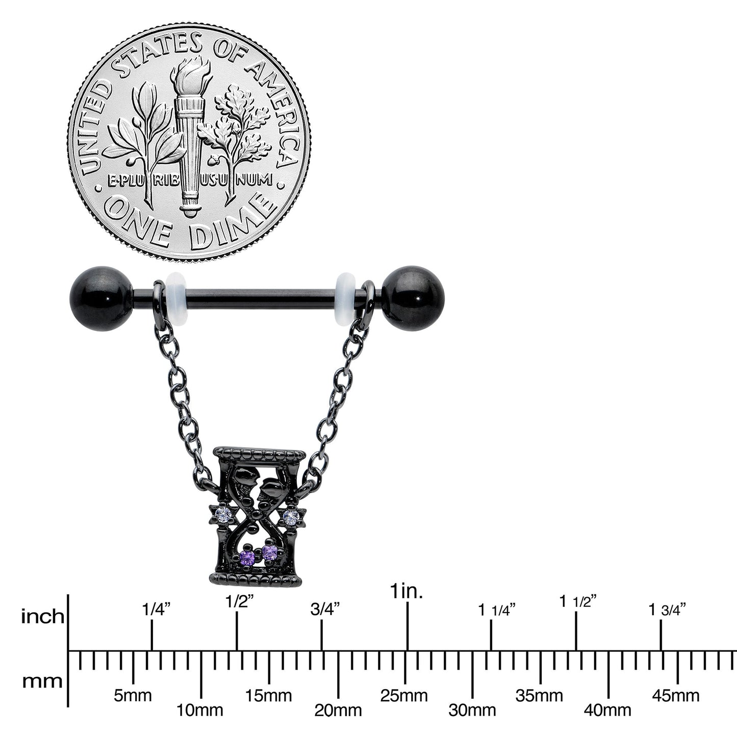 14G 5/8 Purple Gem Black Goth Hourglass Chain Dangle Nipple Ring Set