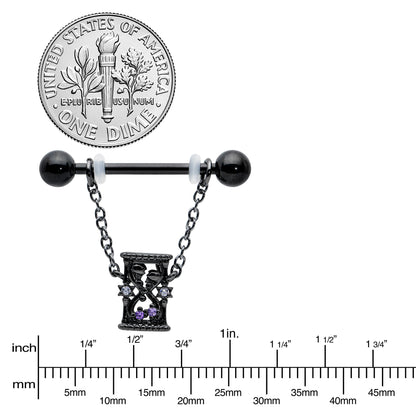 14G 5/8 Purple Gem Black Goth Hourglass Chain Dangle Nipple Ring Set