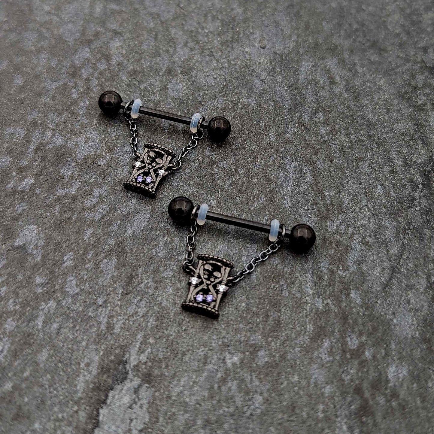 14G 5/8 Purple Gem Black Goth Hourglass Chain Dangle Nipple Ring Set
