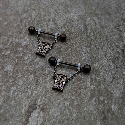 14G 5/8 Purple Gem Black Goth Hourglass Chain Dangle Nipple Ring Set