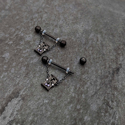 14G 5/8 Purple Gem Black Goth Hourglass Chain Dangle Nipple Ring Set