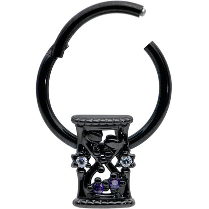 16G 3/8 Purple Gem Black Heart Goth Hourglass Hinged Segment Ring