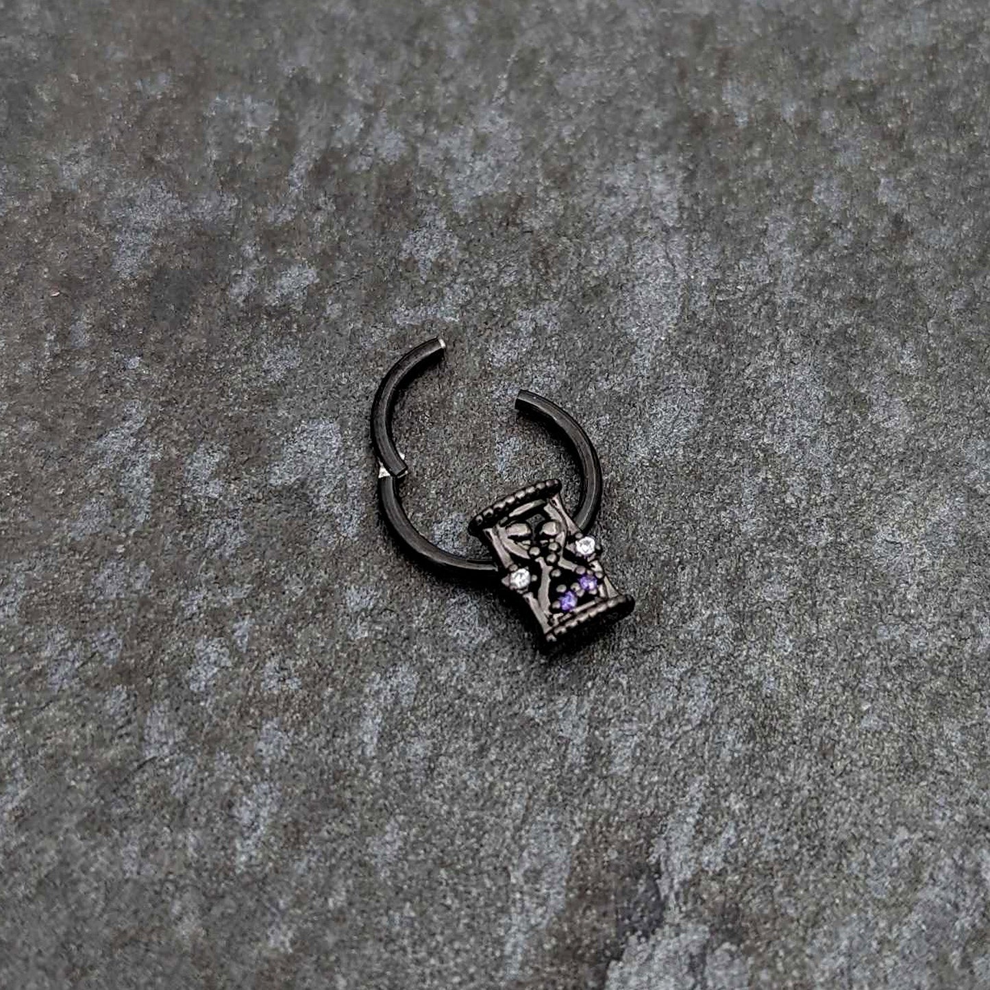 16G 3/8 Purple Gem Black Heart Goth Hourglass Hinged Segment Ring