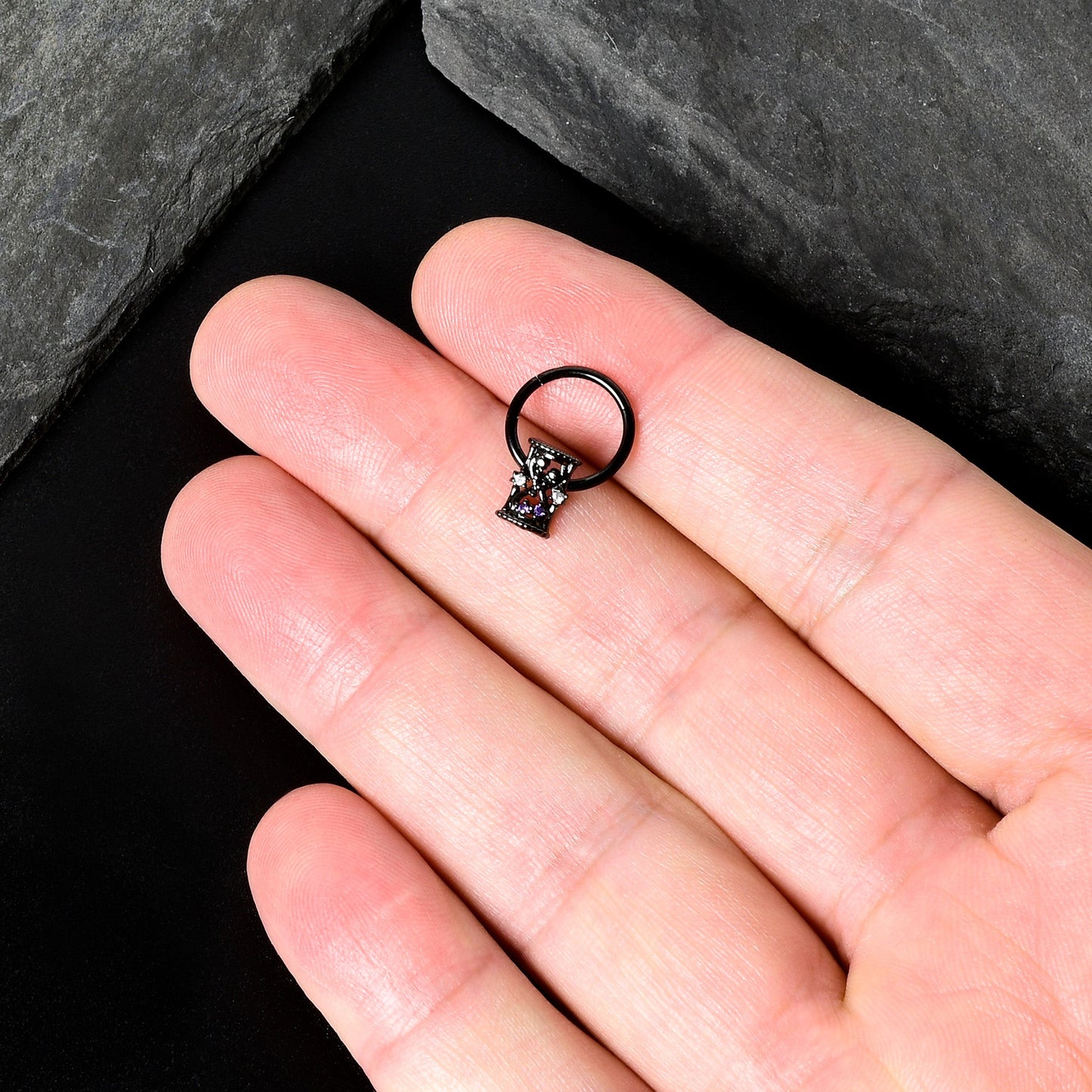 16G 3/8 Purple Gem Black Heart Goth Hourglass Hinged Segment Ring