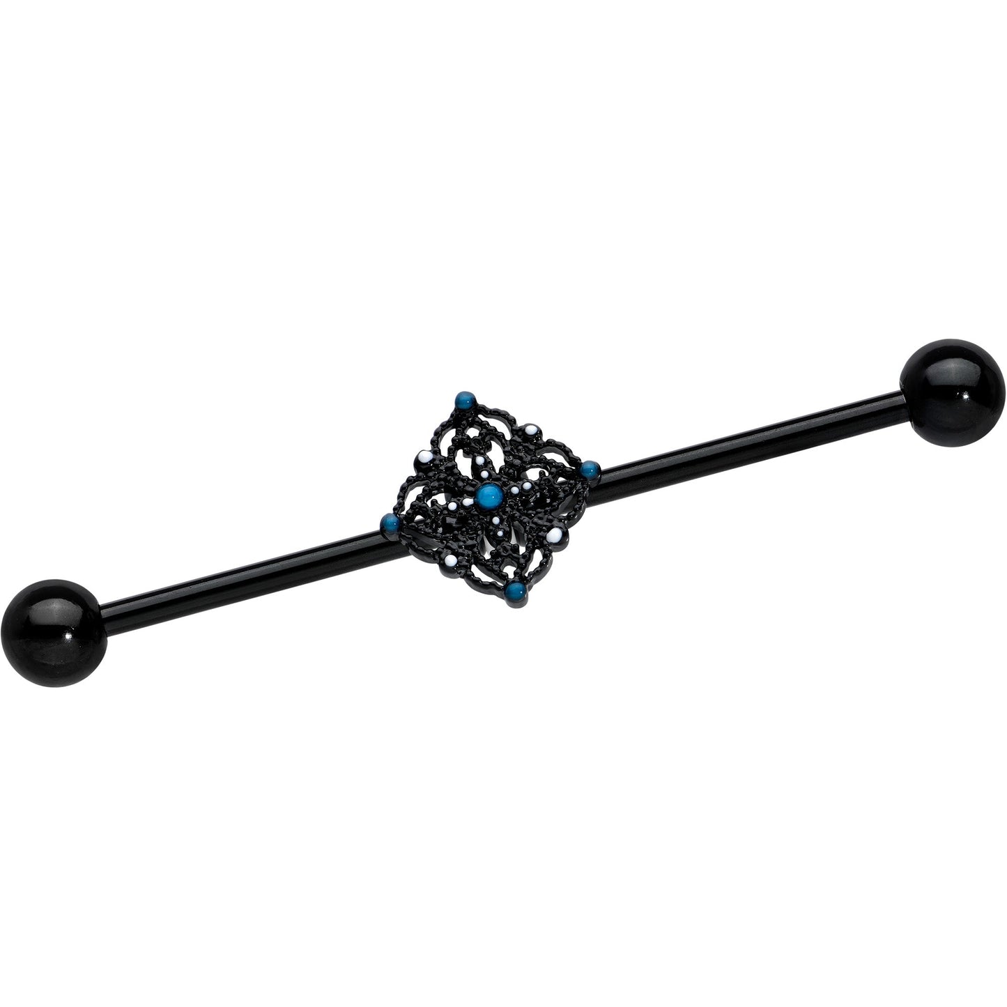 14G Blue Gem Black Lacy Rhombus Industrial Barbell 38mm