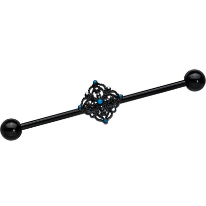 14G Blue Gem Black Lacy Rhombus Industrial Barbell 38mm