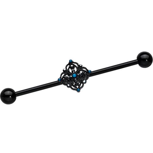 14G Blue Gem Black Lacy Rhombus Industrial Barbell 38mm