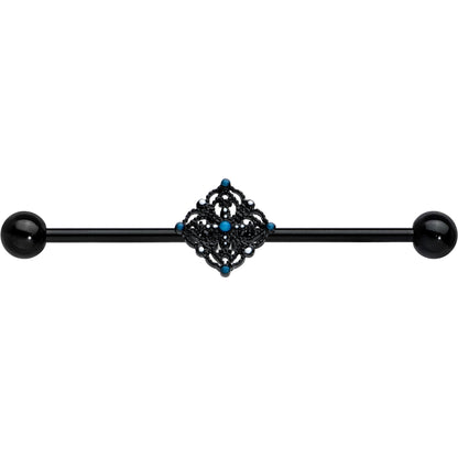 14G Blue Gem Black Lacy Rhombus Industrial Barbell 38mm