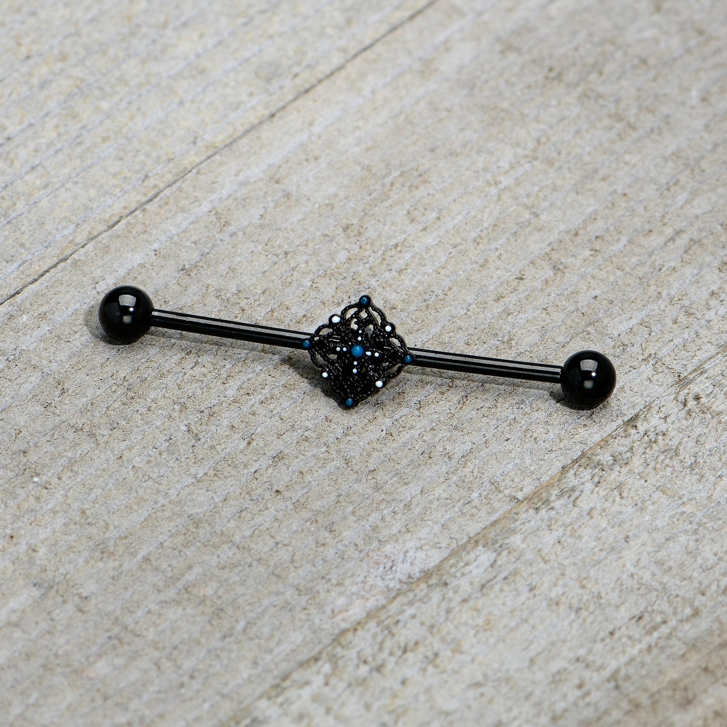 14G Blue Gem Black Lacy Rhombus Industrial Barbell 38mm