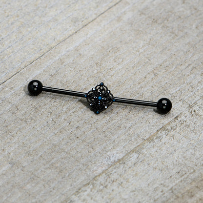 14G Blue Gem Black Lacy Rhombus Industrial Barbell 38mm