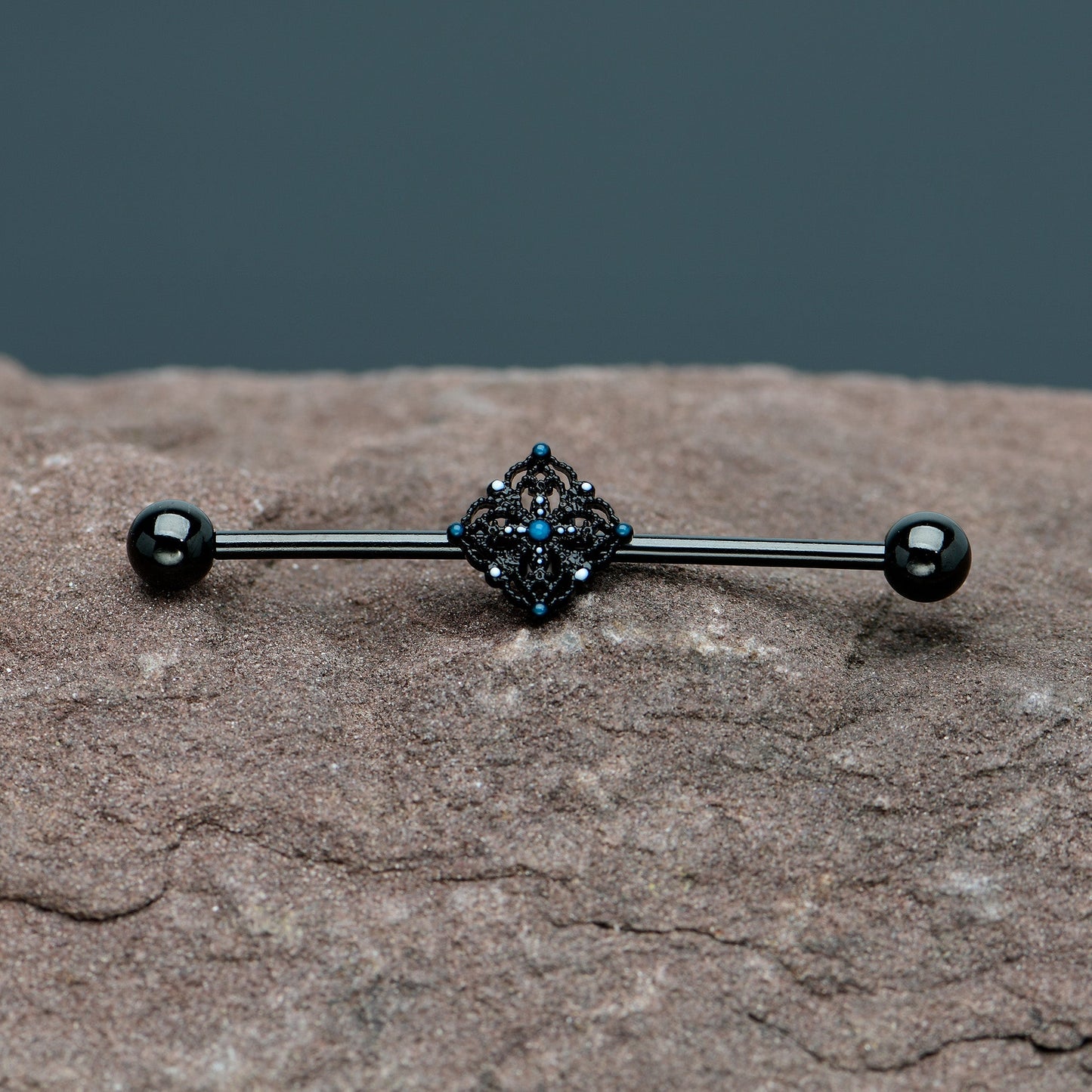 14G Blue Gem Black Lacy Rhombus Industrial Barbell 38mm