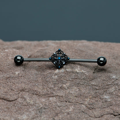 14G Blue Gem Black Lacy Rhombus Industrial Barbell 38mm