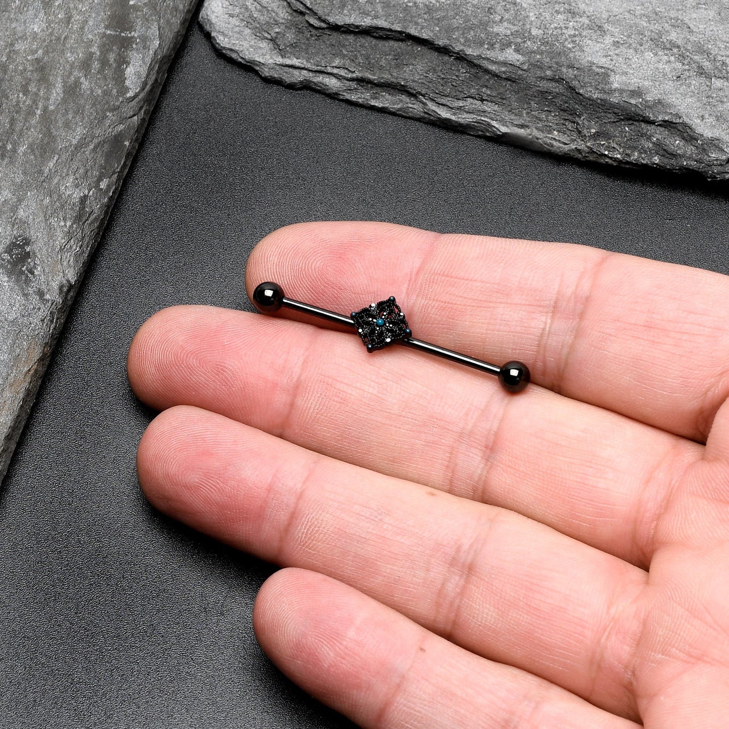 14G Blue Gem Black Lacy Rhombus Industrial Barbell 38mm