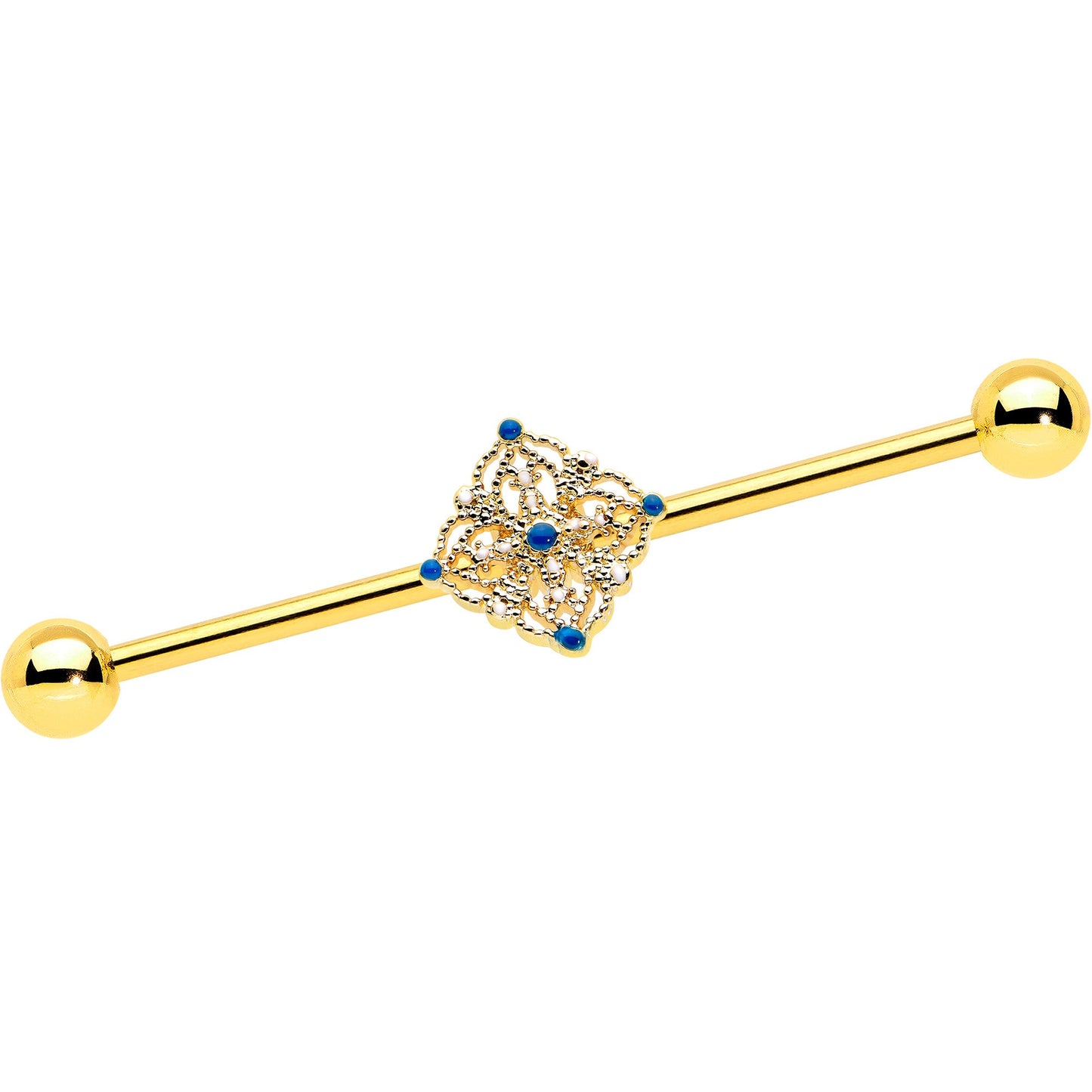 14G Blue Gem Gold Tone Texture Emblem Industrial Barbell 38mm