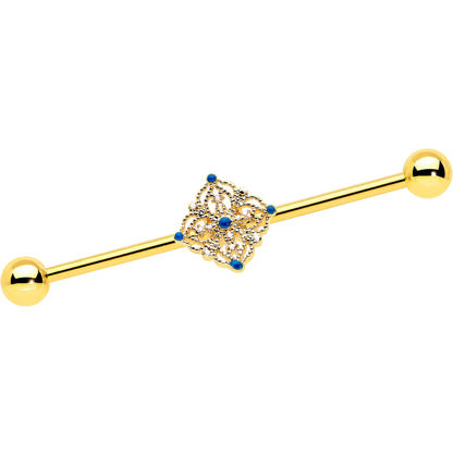 14G Blue Gem Gold Tone Texture Emblem Industrial Barbell 38mm
