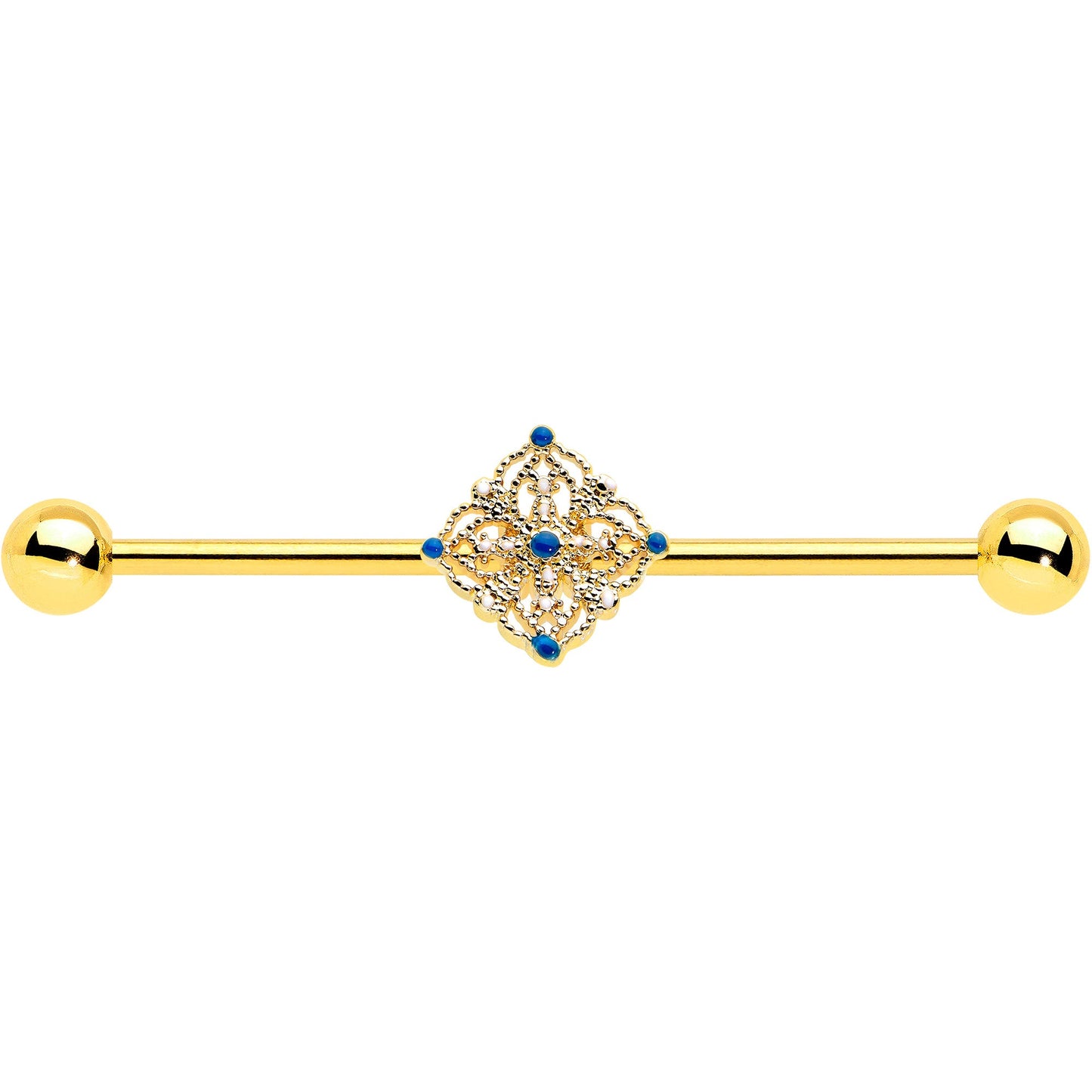 14G Blue Gem Gold Tone Texture Emblem Industrial Barbell 38mm