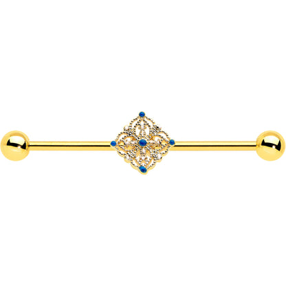 14G Blue Gem Gold Tone Texture Emblem Industrial Barbell 38mm