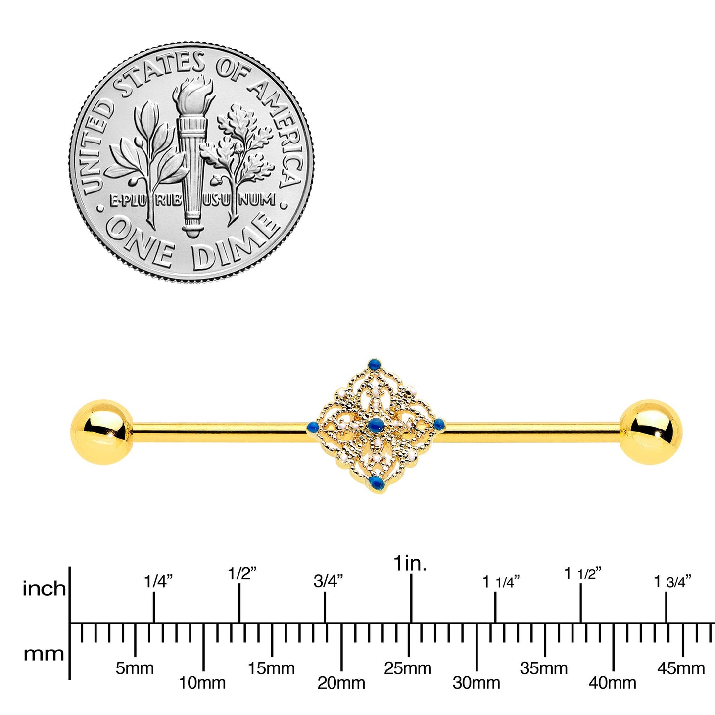 14G Blue Gem Gold Tone Texture Emblem Industrial Barbell 38mm