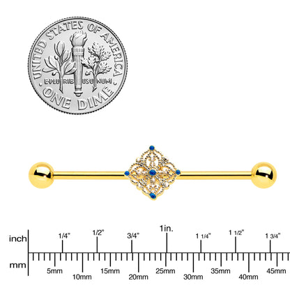 14G Blue Gem Gold Tone Texture Emblem Industrial Barbell 38mm