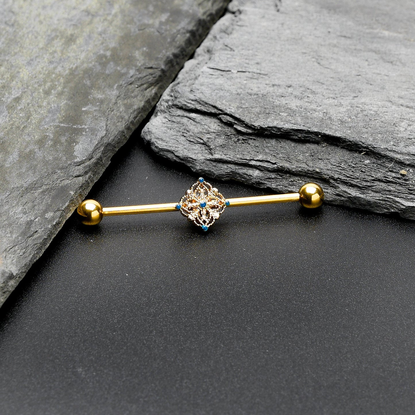14G Blue Gem Gold Tone Texture Emblem Industrial Barbell 38mm