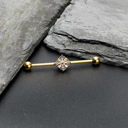 14G Blue Gem Gold Tone Texture Emblem Industrial Barbell 38mm