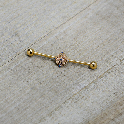 14G Blue Gem Gold Tone Texture Emblem Industrial Barbell 38mm