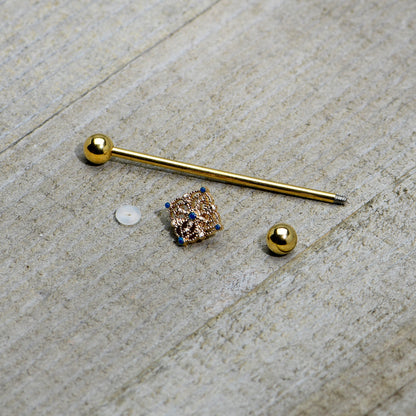 14G Blue Gem Gold Tone Texture Emblem Industrial Barbell 38mm
