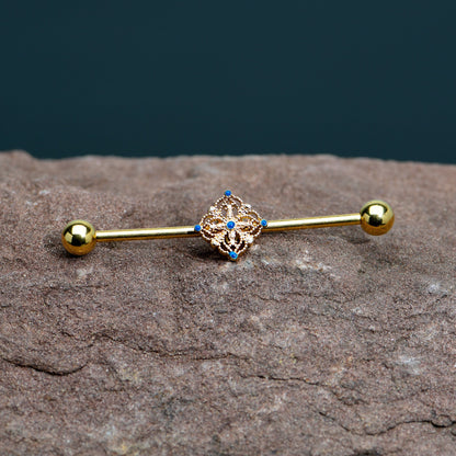 14G Blue Gem Gold Tone Texture Emblem Industrial Barbell 38mm