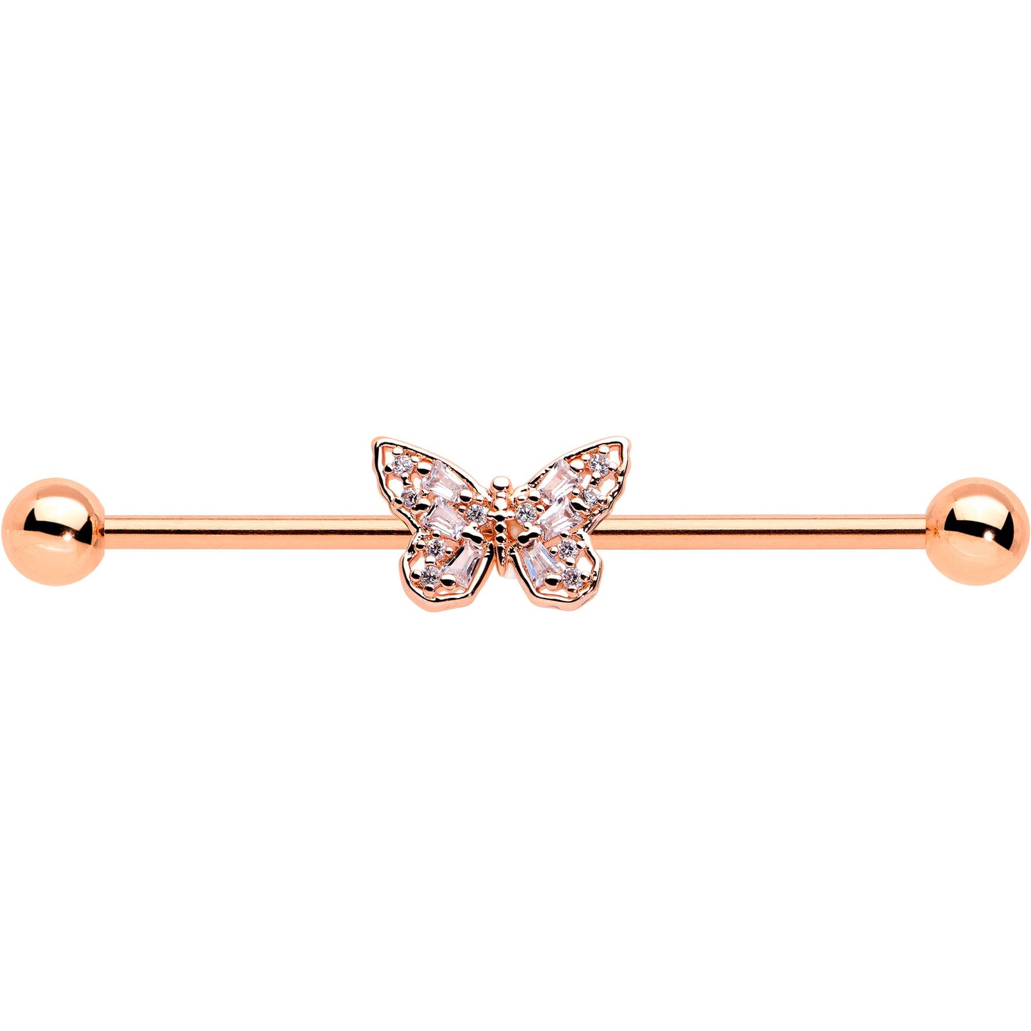 14G Clear Gem Rosy Tone Baroque Butterfly Industrial Barbell 38mm